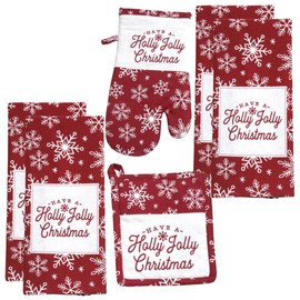 Holly Jolly Christmas Kitchen Linen Set – 6-Piece Holiday Bundle with Oven Mitt, Pot Holder, and 4 Dish Towels – Festive Red and White Snowflake Design