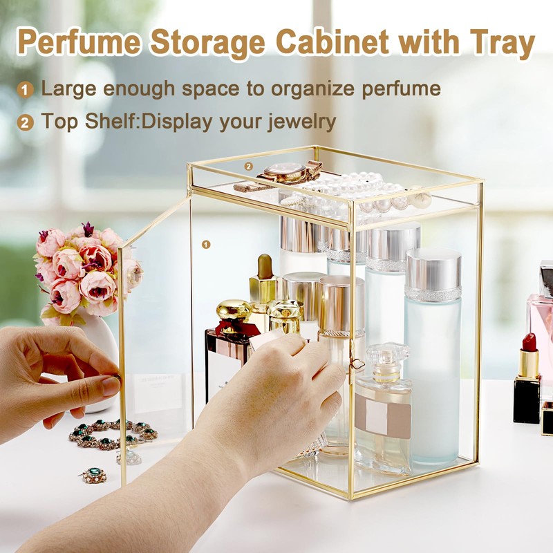 Glass Perfume Organizer Case Gold Cologne Holder with Vanity Tray