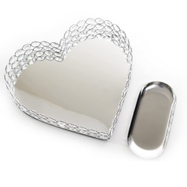 LINDLEMANN Heart Shaped Decorative Tray - Metal Mirrored Crystal Vanity Tray - Elegant Design for Perfume Jewelry Makeup, Easter (Heart, 11in, Silver)