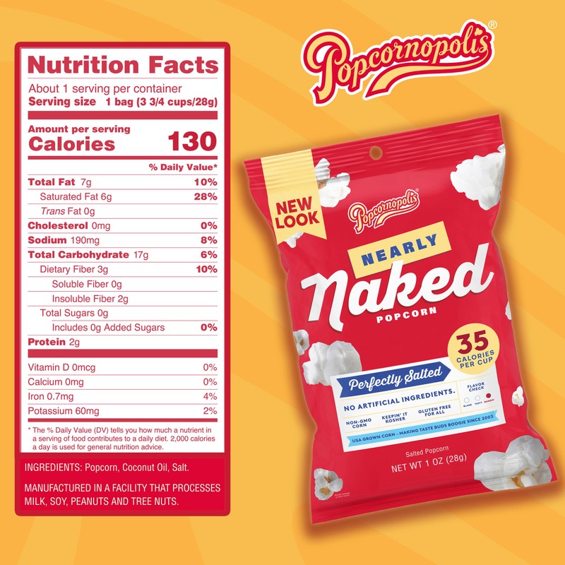 Popcornopolis Gourmet Popcorn, Nearly Naked Perfectly Salted, Simple Ingredients, 6-Pack