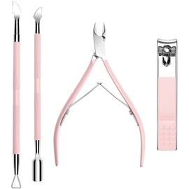Cuticle Trimmer with Cuticle Pusher and Nail Clipper - 4 PCS Cuticle Cutter Nipper Remover Pedicure Manicure Tools, Professional Stainless Steel Dead Skin Clipper for Fingernails Toenails Pink