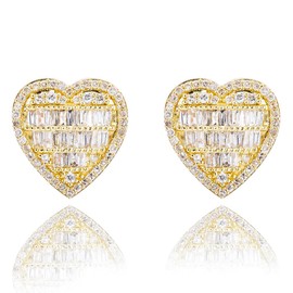 Cute 14K Yellow Gold Plated 925 Sterling Silver Iced 5A Cz Hip Hop Baguette Large Heart Stud Earrings For Women Jewelry Gift For Wife Mom Wedding Birthday Valentine's Day Gifts