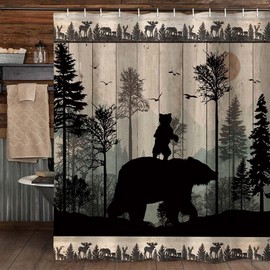 Rustic Bear Shower Curtain Set, Forest Woodland Hunting Animal Cabin Bath Curtains, Farmhouse Lodge Wooden Board Bathroom Decor Polyester 72X84