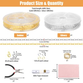 Fesorsi 60ft Steel Chain for Jewelry Making, Plated Chains 2 Rolls Extender Link with Lobster Clasps Jump Rings and Plier, DIY Chains Bulk Making for Bracelet Necklace Anklet Earring (Gold & Silver)