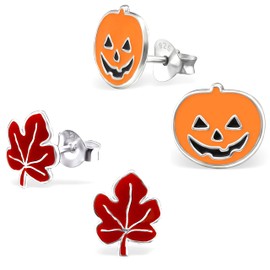 ICYROSE set of 2 925 Sterling Silver Fall Red Maple Leaf Oreange Pumpkin Stud Earrings (Nickel Free)