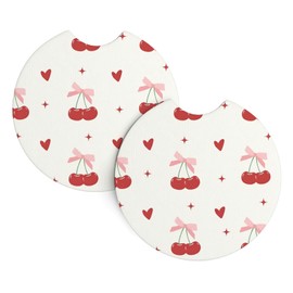 Car Cup Holder Coaster, Absorbent Car Coasters for Cup Holders, Rubber Drink Coasters with Finger Notch Auto Accessories Universal 2.7" 2PCS - Cherry Bow