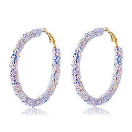 Bohemian Shiny Glitter Sequins Hoop Earrings Wrapped Gold Plated Circle Statement Rhinestone Dangle Drop Earrings for Women Boho Jewelry-white