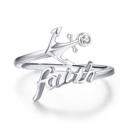 CUOKA MIRACLE Sterling Silver Anchor Rings,Faith Rings Nautical Anchor Jewelry Ocean Rings for Women Adjustable Open Ring Wedding Promise Jewelry Valentines Day Gifts(#10)