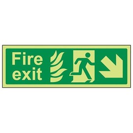 V Safety Glow In The Dark NHS Fire Exit Arrow Down Right Sign - 300mm x 100mm - Rigid Plastic