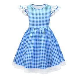 Garperkids Dorrothy Dress for Girls Kids Blue and White Gingham Flutter Sleeve Party Dress, X-Large