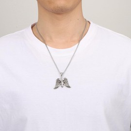Archangel Wings Cross Necklace Stainless Steel Angel Wing Pendant for Men - Adjustable Chain, Baptism Gift, Christian Faith Accessory