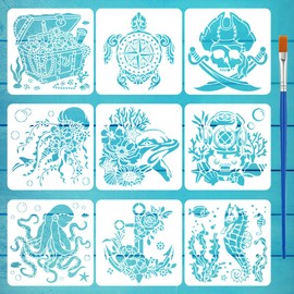FINGERINSPIRE 9 Pcs Underwater World Painting Stencil with Brush 11.8x11.8inch Sea Turtle Dolphin Seahorse Octopus Jellyfish Drawing Template Anchor Pirate Skull Treasure DIY Stencil for Painting