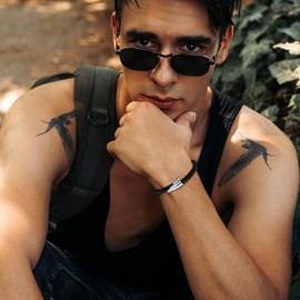 Oidea Mens Womens Leather Bangle Bracelet: Stainless Steel Nail Decoration Leather Braided Bracelet Jewelry Gifts Magnetic Clasp Design Silver