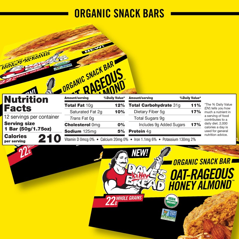 Dave's Killer Bread Oat-Rageous Honey Almond Organic Snack Bars, 12