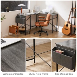 DUMOS L Shaped Computer Desk Gaming Corner 50 Inch Home Office Writing Student Work PC Table with Side Fabric Storage Bag CPU Stand for Bedroom Small Spaces