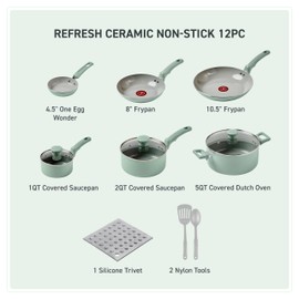 T-Fal Refresh Ceramic Nonstick Cookware Set, Oven Safe Up to 350ºF, 12-Piece, Includes Stockpot, Griddle, Frying Pans, Utensils, Ceramic Pots and Pans Set, Mint Green