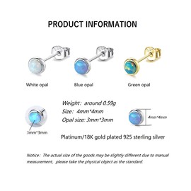 Bellitia Jewelry Women's Men's Opal Earrings, October, Birthstone, Cute, Platinum, 18K Gold Plated, Silver 925, Popular, White, Blue, Green, Stud Earrings, 0.1 inch (3 mm) Gemstone, White Gold