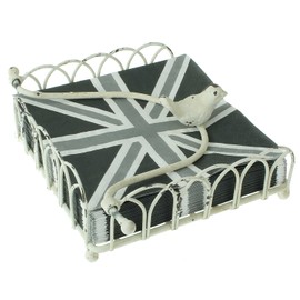 Beautiful antique napkin stand in cream white. With a bird on the holder. Nostalgia. Distressed look. Vintage. Shabby chic. Metal. With weight lever. 18 x 18 cm. Napkin basket. Table decoration