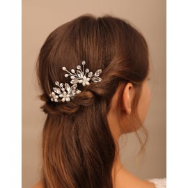 Teyglen 2pcs Silver Crystal Pearl Wedding Hair Pins Bridal Flower Hair Pins Clips Simple Rhinestone Hair Piece Party Prom Hair Pins for Women Hair Accessories