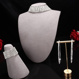 Drperfect Rhinestone Choker Necklace Bracelet Hoop Earrings for Women Bling Rhinestone Jewelry Set for Wedding Bridal Party