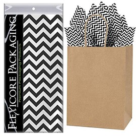 Flexicore Packaging Natural Brown Kraft Paper Gift Bags & Black Gift Wrap Tissue Paper | Size: 8 Inch X 4.75 Inch X 10.5 Inch | Count: 50 Bags | Color: Black Chevron