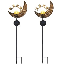 Solar Powered IP54 Waterproof Moon Star Lamp Crackle Glass Globe Stake Iron Lights for Garden Driveway Solar Garden LightsSize: Size One size, Color: Yellow Color
