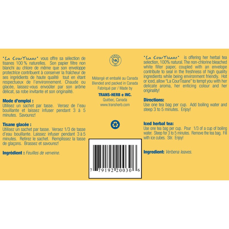 La Courtisane Herbal Tea Verbena, Kosher, Gluten-Free, 20 Count, 30g