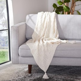 Safavieh Home Collection Janie Ivory 50 x 60-inch Cable Knit Tassel Decorative Cotton Throw Blanket for Sofa Chaise Lounge Club Chair Living Room Bedroom