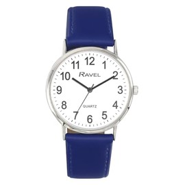 Ravel - Unisex Classic Everyday Watch - Analogue Quartz Movement - R0129, Blue / Silver Tone / White Dial with Numbers, Bracelet