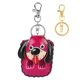 ZZBBFDJY Vintage Leather AirTag Holder Keychain,Genuine Cowhide Air Tag Case with Metal Keyring, Handcrafted AirTag Accessories Cover with Floral & Animal Pattern(Rose Red Dog)