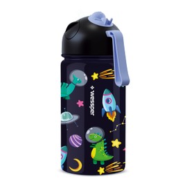 Wessper Children's Drinking Bottle with Straw, 410 ml, Stainless Steel, Leak-Proof, Feather-Light, 1-Click Closure, BPA-Free, for Nursery or School, Sports - Black with Space Motif