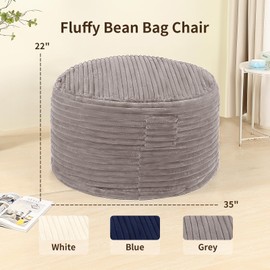 BestRoyal Memory Foam Bean Bag Chair for Adults/Teens, Bean Bag Sofa with Fluffy Removable Cover, for Living Room Bedroom, 3FT Grey