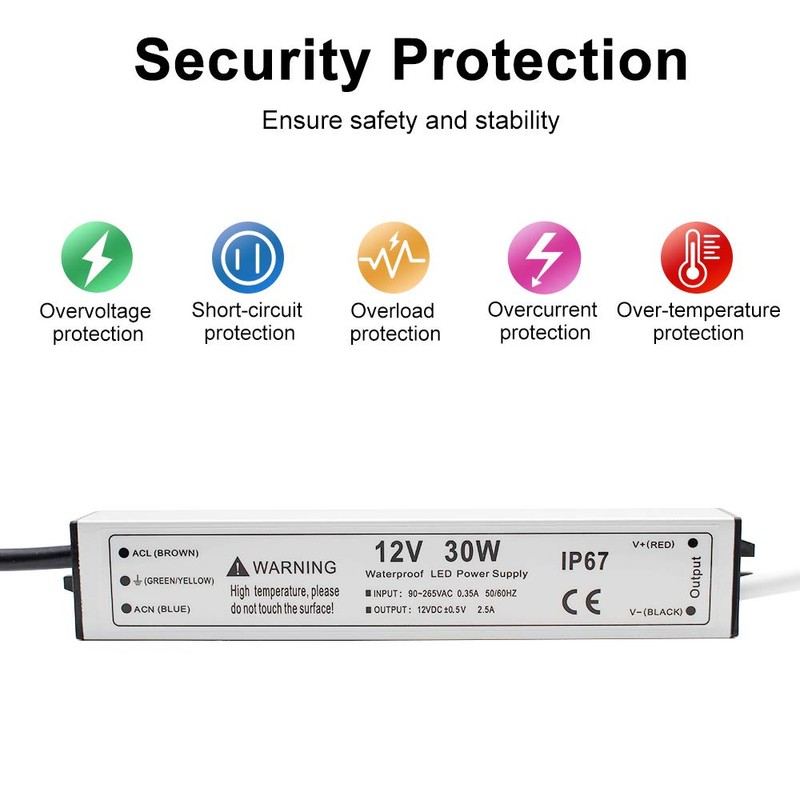 30W 12 Volt LED Power Supply, Waterproof IP67 LED Driver,