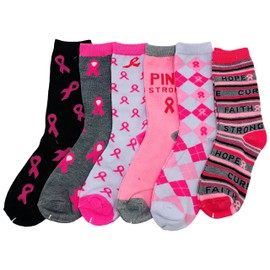 12 pares de calcetines de concienciación sobre el cáncer de mama, cinta rosa suave calcetines deportivos, 12 Pairs Assorted (Crew), 9-11