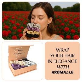 AROMALLE Aromatic Satin Hair Scrunchies for Women & Girls-Gift Set of 4 with Soothing Fragrance– Soft, No-Crease, Reusable Hair Ties for All Hair Types-with Premium Box. (Rose)
