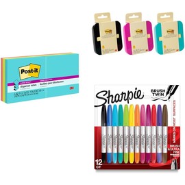Post-it Notas Súper Adhesivas Pop-up, 7.6cm x 7.6 cm, 6 pads, 90 hojas por pad +Post-it Dispensador de Notas Adhesivas Pop Up+Sharpie Brush - Rotuladores permanentes surtido de 12 unidades