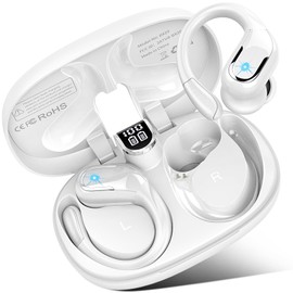 Wireless Earbuds, Bluetooth 5.4 Headphones Sport, 75H Hi-Fi Stereo Wireless Earphones with 4 ENC Noise Canceling Mic, IPX8 Waterproof Over Ear Buds with Earhooks, LED Display Bluetooth Earbuds, White