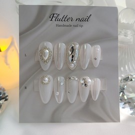 Silk pearl wedding handmade nail tips♀ - Long Square / 실크 진주 웨딩 수제네일팁♀ - 롱스퀘어