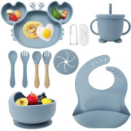 10pcs Kit de alimentación de bebé de silicona Productos de destete guiados para bebés Separe el plato y la taza de tinte con una cuchara en el recipiente de aperitivos para bebés (Grey blue)