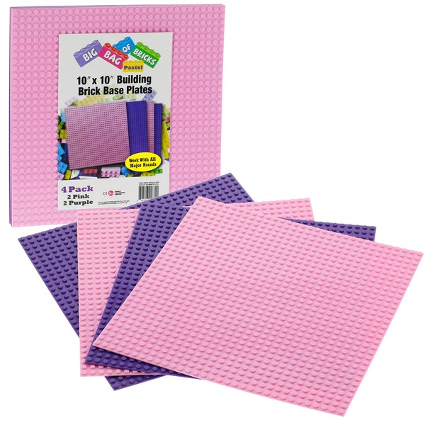 Brick Building Blocks Baseplates - Large 10"x10" Friends Inspired Pink and Purple Color Set (4pcs Multi Pack) - Dual Side Connectivity, Compatible with and Tight Fit with All Major Brands