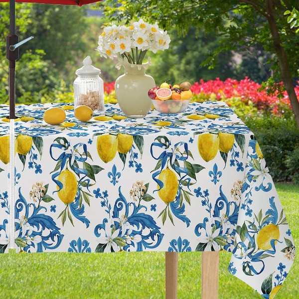 SASTYBALE Lemon Outdoor Tablecloth with Umbrella Hole and Zipper Rectangle