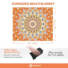 Hiwoss Beach Blanket Waterproof Sandproof Oversized 95”x 80”,Sand Free Beach Mat with Corner Pockets,Portable Mesh Bag for Beach Festival,Picnic,Travel and Outdoor Camping (Orangegrey)