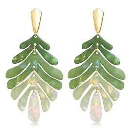 Acrylic Pendant necklace Earrings – Long Statement Leaf Charm Necklace Tortoise Resin Palm Leaf Earrings Fashion Necklaces Earrings for Women (green A)