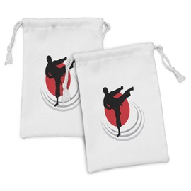 Ambesonne Kung Fu Fabric Pouch Set of 2, Karate Kicking Man Silhouette on Japanese Flag Inspired Backdrop, Small Drawstring Bag for Toiletries Masks and Favors, 9" x 6", Black Vermilion