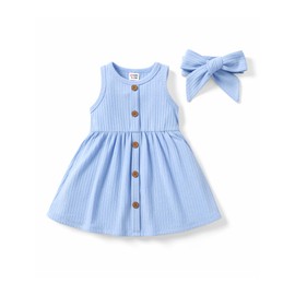 PATPAT - Vestidos para bebé y niña, sin mangas, vestido de verano, liso, de punto acanalado, falda sin mangas, trajes casuales con diadema, Azul/claro, 3-6 Meses