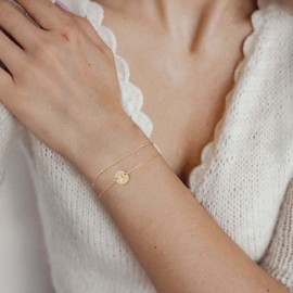 Jewlure | Women's Yellow Gold Initial Bracelet, Exquisite 14K Gold Plated Layered Bracelet, 26 Letter Round Piece Hand Jewelry, Gift for Women (M)