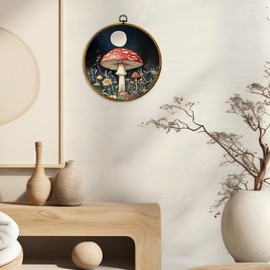 CUANFDDSF Moody Cottagecore Moon & Mushroom Round Wall Art, Whimsical Fores Dark Academia Framed Hanging Wall Decor, Cottagecore Nature Mushroom Canvas Prints Decorations for Home Gallery, 10x10 Inch