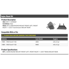 Marketplace Auto Parts Engine Mount and Transmission Mount Kit - 3 Piece - Compatible with 1989-1993 Ford F-150 2WD 4WD 4.9L 6-Cylinder