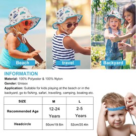 Baby Sonnenhut Kleinkind Sommermütze UV Schutz UPF 50 Verstellbarer Fischerhut mit Nackenschutz Dinosaurier Strandhut für Kinder Mädchen Jungen 2-5 Jahre