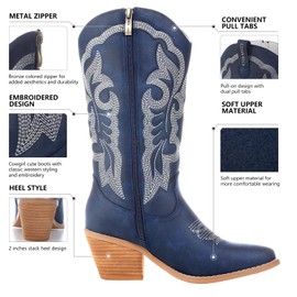 gioanroca Women Cowboy Boots, Mid-Calf Embroidered Western Boots with Side Zippe Point Toe Retro Fashion Women's Cowgirl Boots